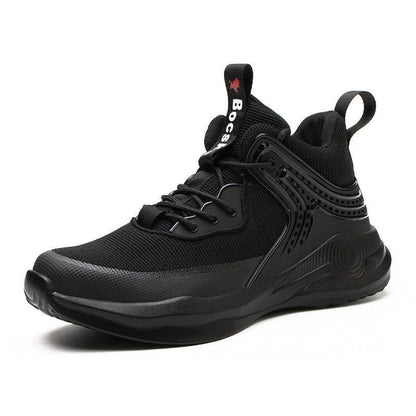 Durable steel-toe work boots with breathable mesh and leather uppers, shock-absorbing midsole, and puncture-resistant outsole