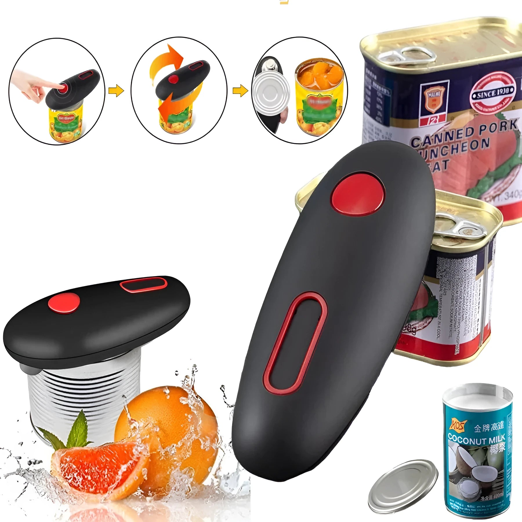 Black plastic electric can opener for hands-free opening of cans, jars, and bottles.