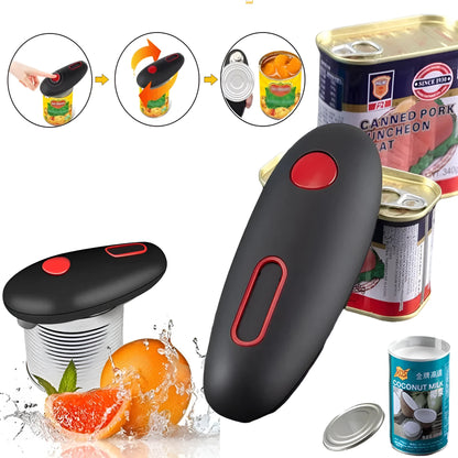 Black plastic electric can opener for hands-free opening of cans, jars, and bottles.