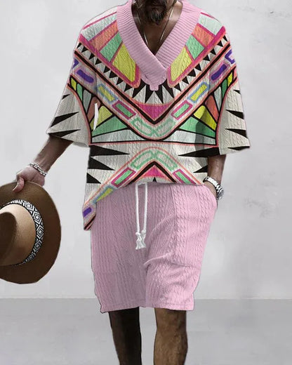 Men's casual short sleeve polyester suit set with loose fit top and matching shorts