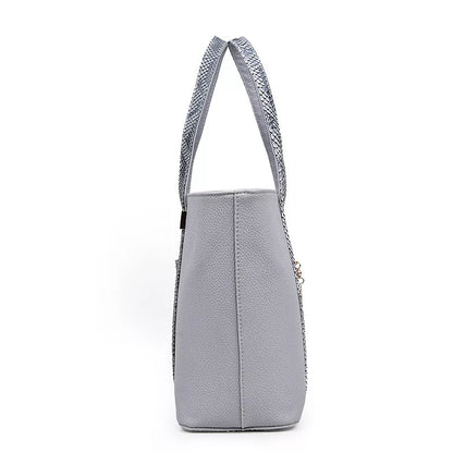 Women's shoulder bag with zipper closure and multiple pockets in light grey, black, off-white, and rose red