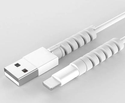 Plastic charging cable protector sleeve shown in various colours including black, blue, pink and yellow.