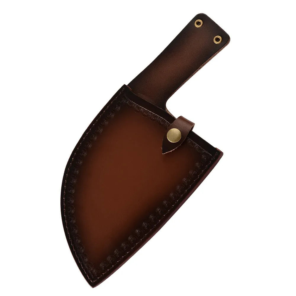 Hand-made stainless steel meat cleaver with a 17cm round head blade on a kitchen surface.