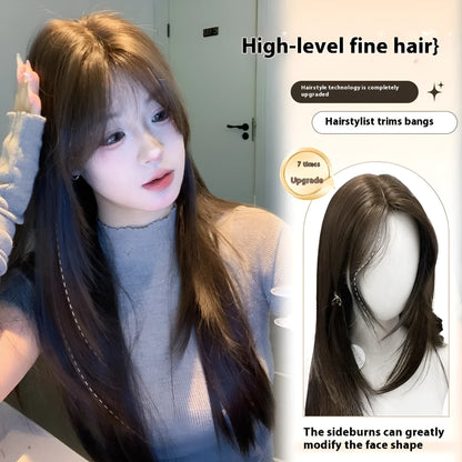 Layered long straight full-head wig in a cold brown colour with a lace front.