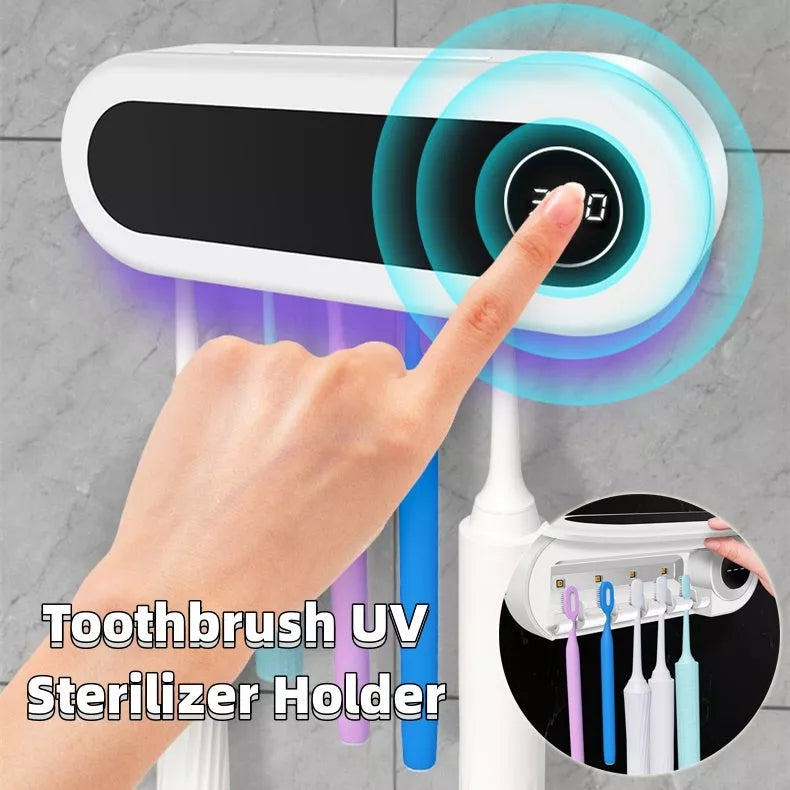 Wall mounted toothbrush holder with UV sterilizer and toothpaste dispenser in ivory white