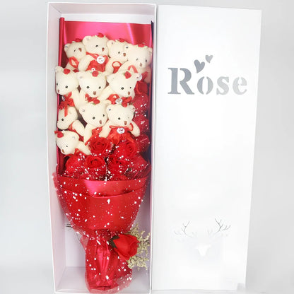 Handmade Valentine's bouquet of 11 cartoon bears 15 cm tall with 11 chiffon roses 10-12 cm in rose gift box, colour options available