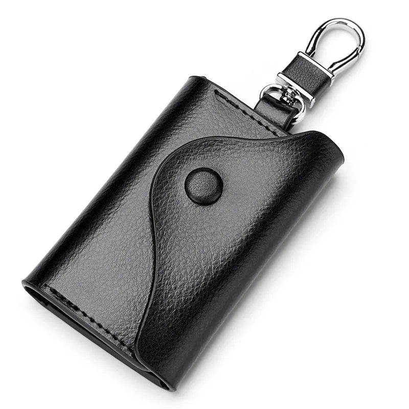 Genuine leather keychain card holder in square vertical design with internal key mapping structure