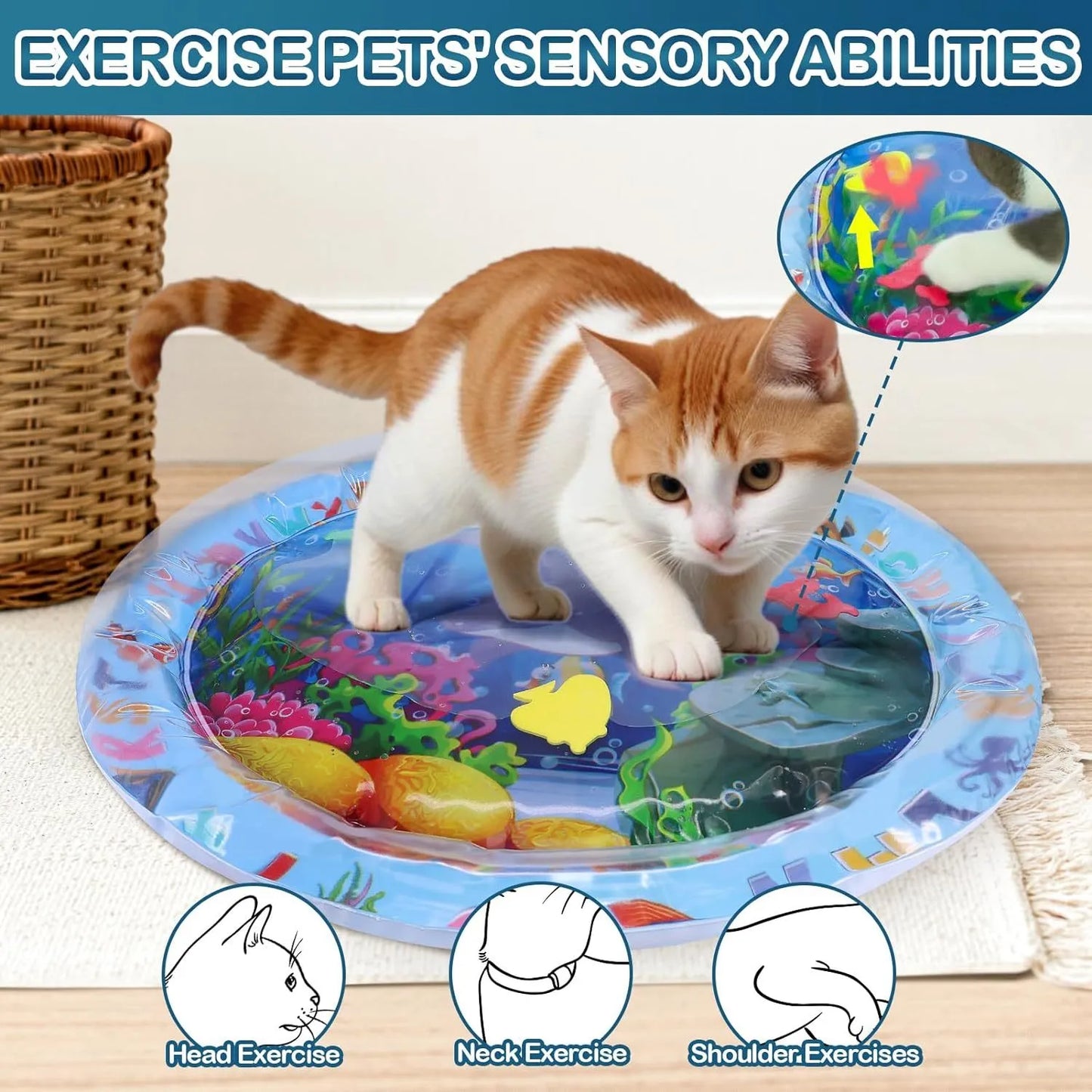 Blue ocean-themed cat water play mat with floating fish toys inside an inflated square border on a wooden floor.