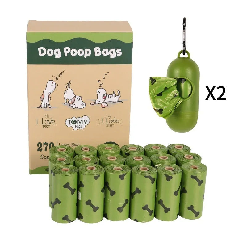 Roll of military green degradable dog poop bags with black bone print, shown next to a plastic dispenser.