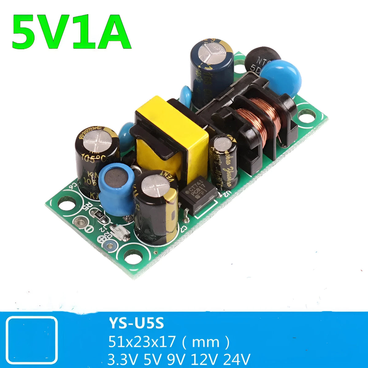 YS-U5S metal-cased switching power supply board module for AC to 5V DC conversion.