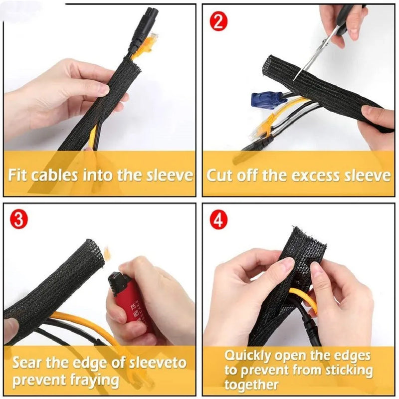 Automotive self-winding mesh sleeve wire cover protective conduit in black polyester with VW-1 fire rating for cable and hose protection, available in 14 standard diameters from 3mm to 76mm sold by the metre with custom processing options