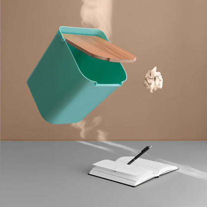 Green rectangular kitchen storage bucket with wooden cover showing 6-litre capacity dimensions
