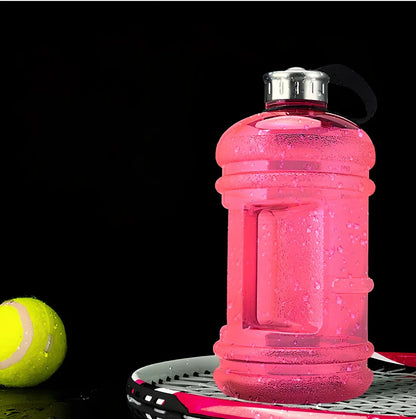 2-litre sports bottle with dumbbell shape in multiple colours including fuchsia, blue, pink, black, green, yellow
