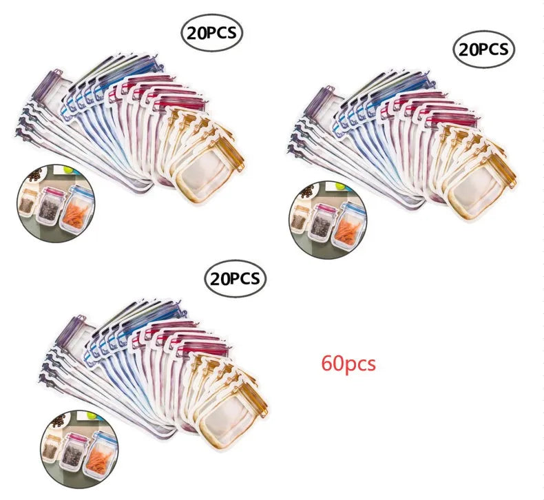 Red reusable self-sealing plastic bag for snacks with zipper closure, shown with biscuits.