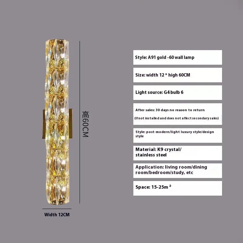 Silver or gold linear crystal wall lamp with LED lighting in various lengths for hallway or bedroom.