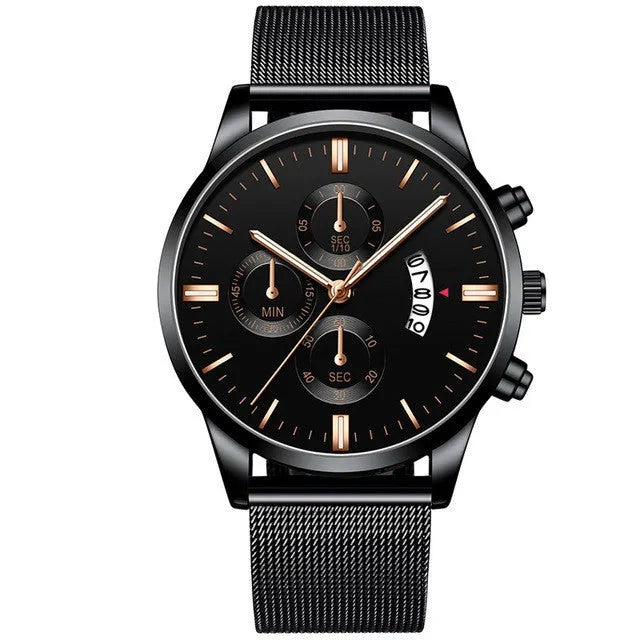 Men's stainless steel mesh band quartz watch with analog dial on a wrist.