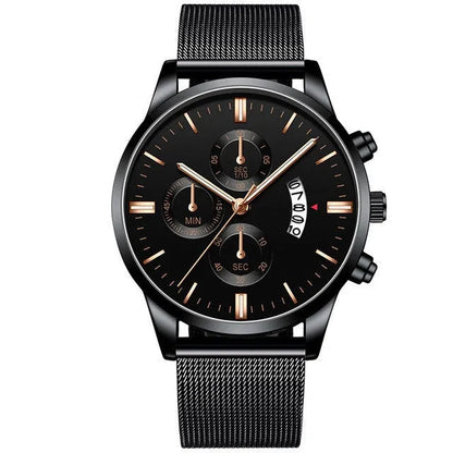 Men's stainless steel mesh band quartz watch with analog dial on a wrist.