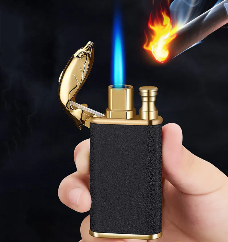 Metal windproof lighter with double flame and dragon design, showing flame from mouth.