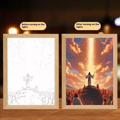 Modern rectangular light painting photo frame displaying an illuminated cross and scenic artwork.