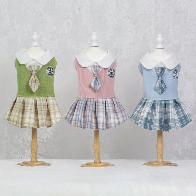 Pet dog tartan skirt clothing for cats and small dogs, available in polyester princess style with pink, blue and green colour options in sizes from XS to 2XL for dressing up your pet for special occasions