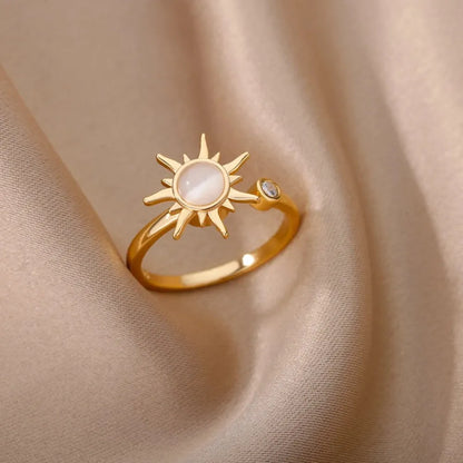 Adjustable copper decompression ring with rotatable geometric design in gold finish