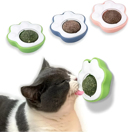 Blue catnip ball toy with textured surface for cats to lick and chew, shown next to a tape measure displaying its 45mm length.