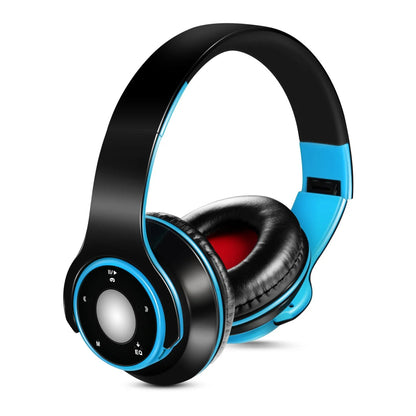 Foldable wireless Bluetooth headphones in blue showing adjustable hinges and 3.5mm cable connection