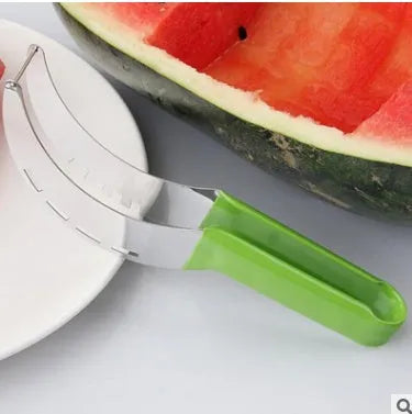 Silver stainless steel melon cutter for slicing watermelon and other large fruits.