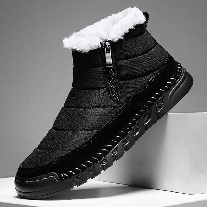 Men's plus size snow boot in black with round toe, flat heel, and rubber sole.