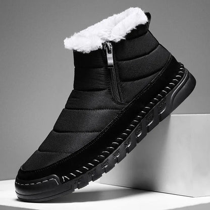 Men's plus size snow boot in black with round toe, flat heel, and rubber sole.