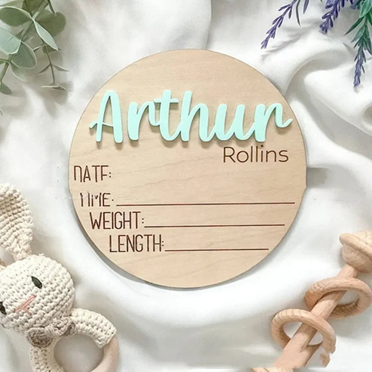 Brown limewood baby birth bulletin board in modern art style showing five available sizes
