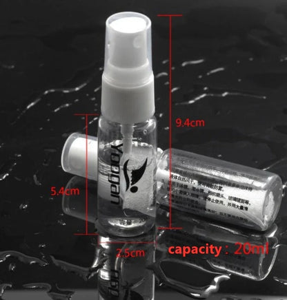 Anti-fog liquid bottle with spray nozzle for eyewear fog prevention