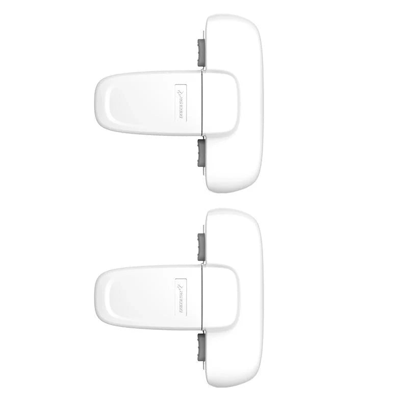 Refrigerator child safety lock in white and grey, featuring a T-type double button for adult one-handed operation