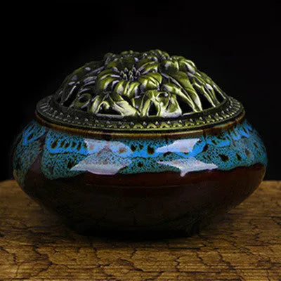 Retro ceramic incense burner in multiple glaze colours with 8cm diameter and 7cm height