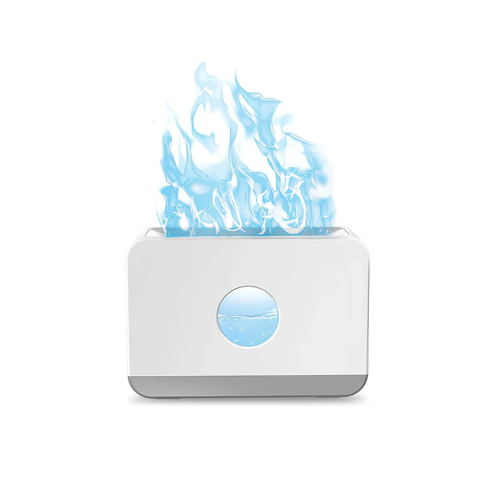 Square two-colour flame aromatherapy humidifier showing black unit with blue and orange flame lighting effect