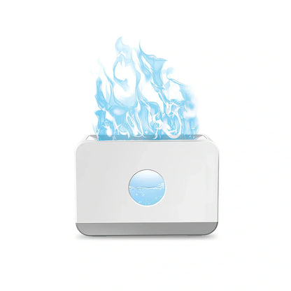 Square two-colour flame aromatherapy humidifier showing black unit with blue and orange flame lighting effect