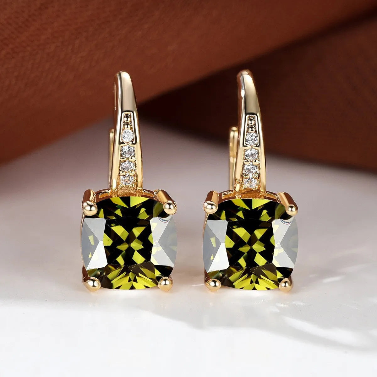 Square zircon inlaid geometric ear hooks in Korean style with electroplated finish