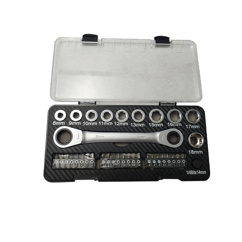 Dual-purpose ratchet wrench and screwdriver tool set with sockets and bit heads laid out