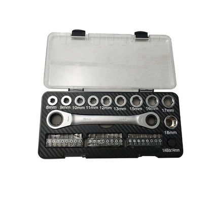 Dual-purpose ratchet wrench and screwdriver tool set with sockets and bit heads laid out