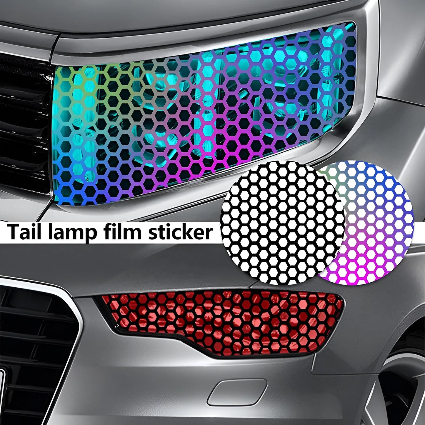 Set of black honeycomb-patterned car taillight decoration stickers showing size scale.