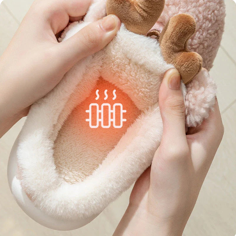 Cozy elk-themed winter home slippers in various candy colors with soft suede upper and supportive EVA sole