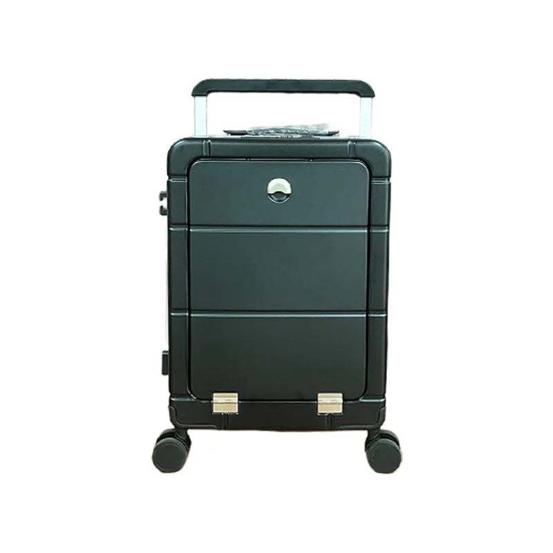 20-inch front opening suitcase in titanium silver colour with universal wheels and a separate compartment.