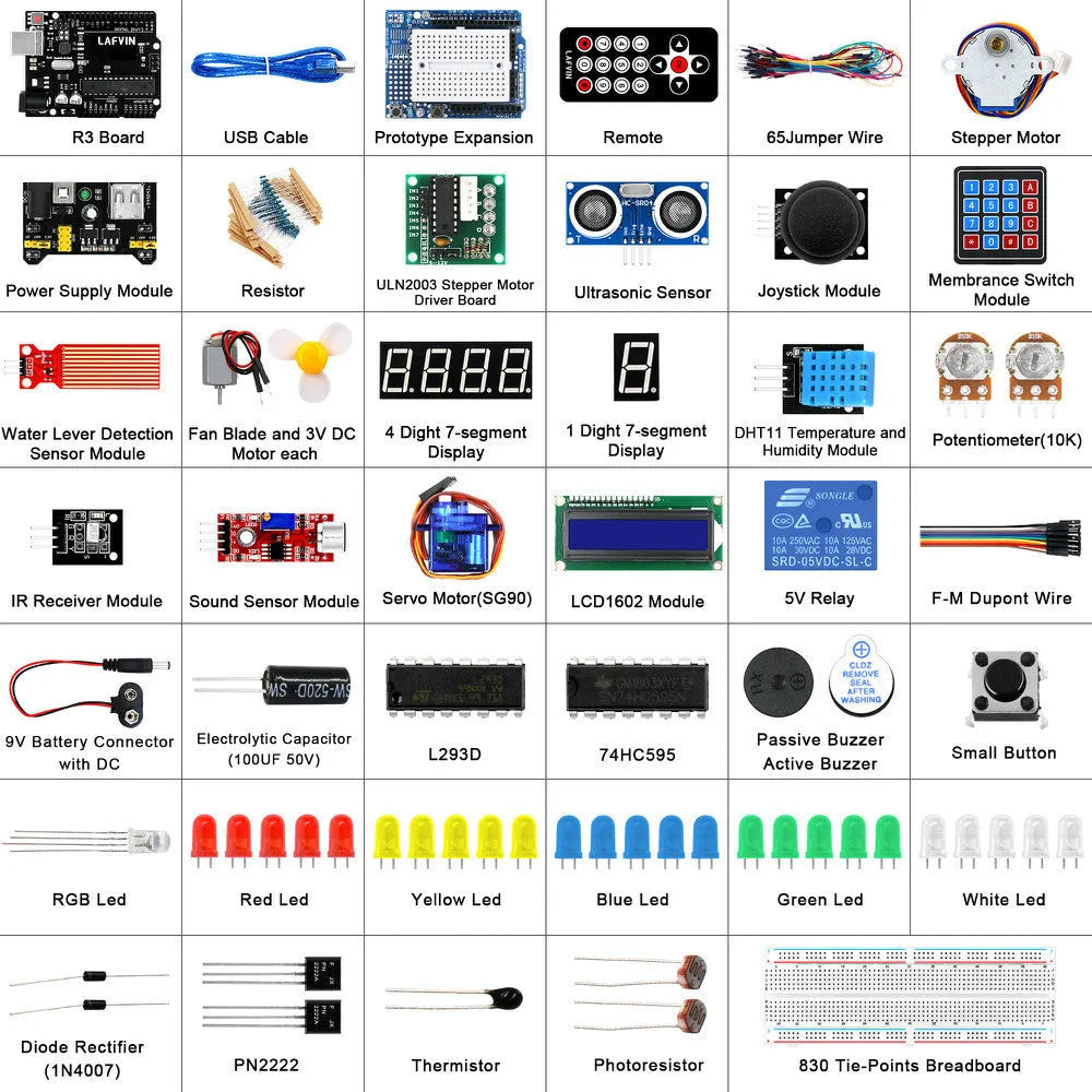 LAFVIN Arduino UNO R3 Super Starter Kit with blue board, components, breadboard, and CD.