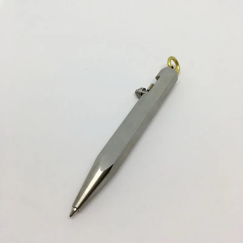 Six-sided stainless steel brass keychain push pen with metal shell and keychain attachment