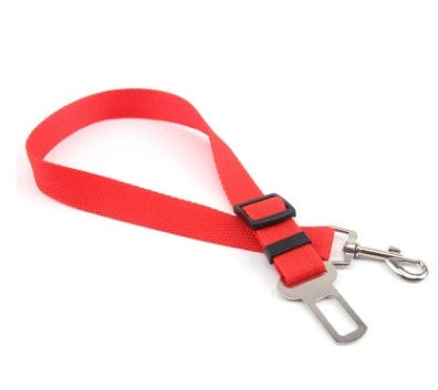Adjustable dog seat belt with secure clip and buckle for attaching to pet harness and vehicle seatbelt