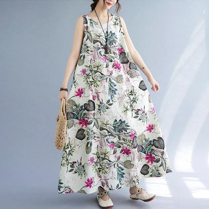 Elegant cotton linen dress in classic colours, featuring a sleeveless design and a loose waist silhouette for a flattering fit.