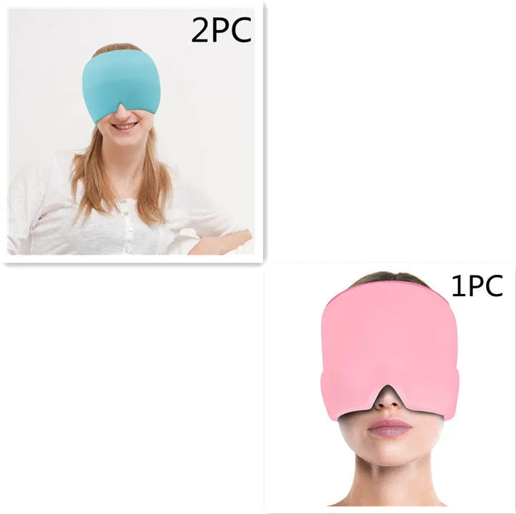 Black elastic cloth gel cold compress eye mask for headache relief on a grey background.