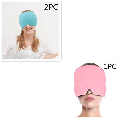 Black elastic cloth gel cold compress eye mask for headache relief on a grey background.
