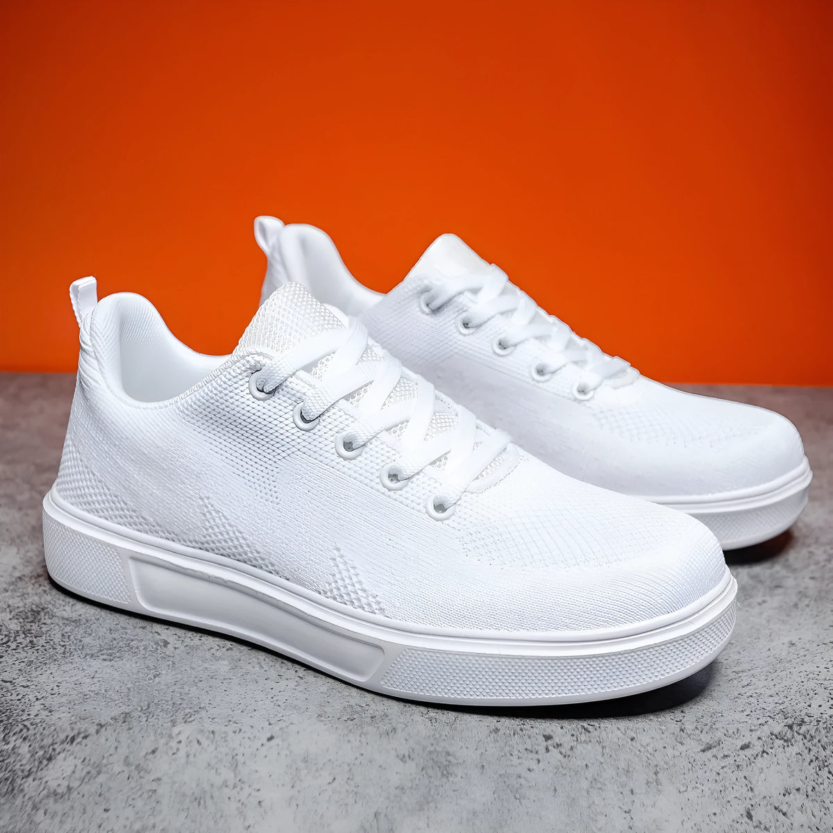 Light white and black unisex casual sports shoes with thick EVA sole and mesh upper, front lace-up.