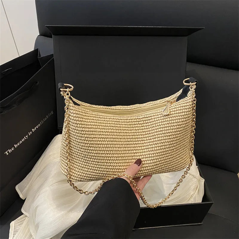 Straw woven beach tote bag with sandwich pockets and mobile phone compartment in khaki colour